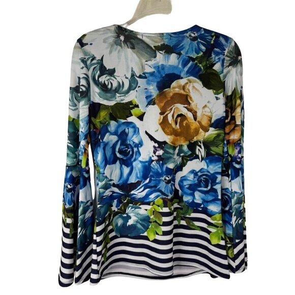 Boston Proper Floral Striped Blouse Long Bell Sleeve Stretchy Lace Up V Neck XXS - Picture 5 of 10